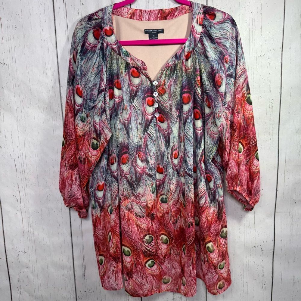 Chelsea & Theodore Tunic Blouse 1X Sheer Peacock Feather Print Button Front Boho